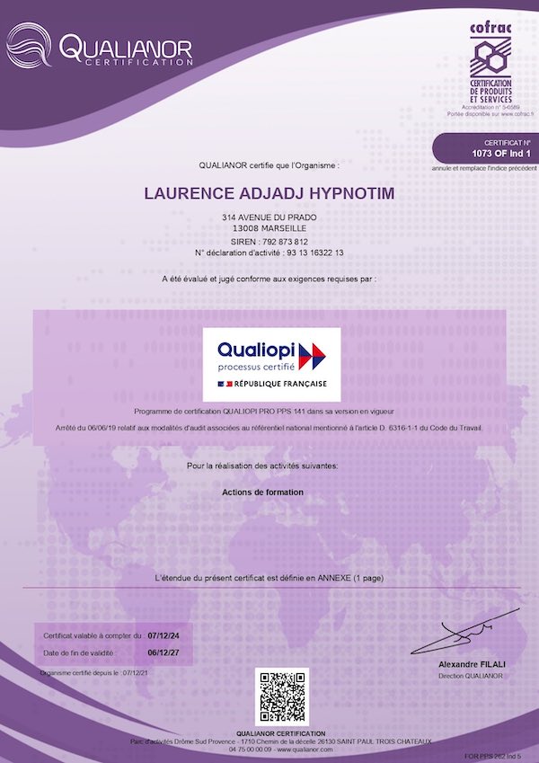 Certification qualité Qualiopi pour les actions de formation en Hypnose et EMDR.